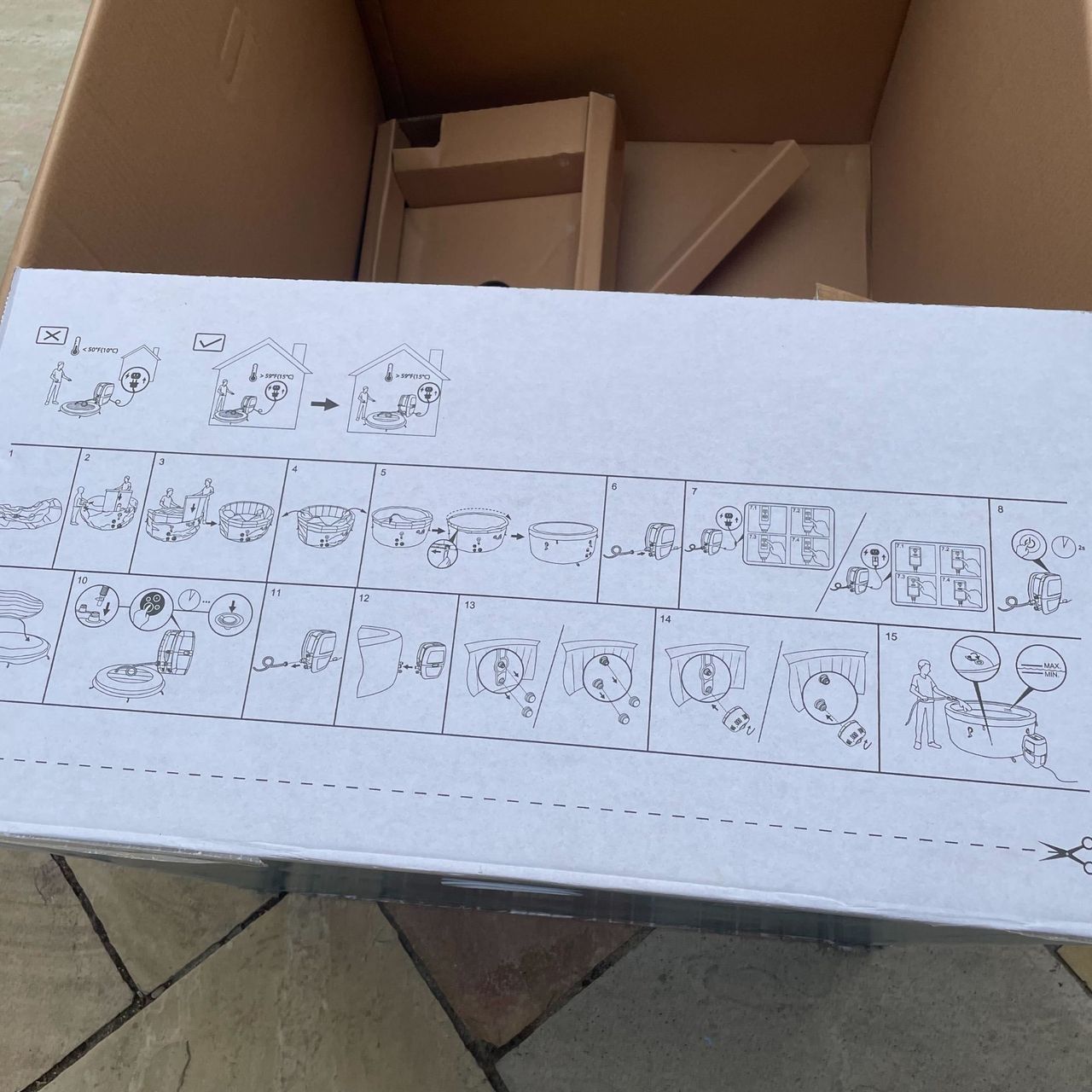 Lay-Z-Spa Toronto paper box instructions showing a diagram of the set up.