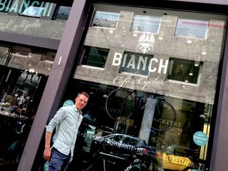 Steven Kruijswijk at the Bianchi Café & Cycles in Milan