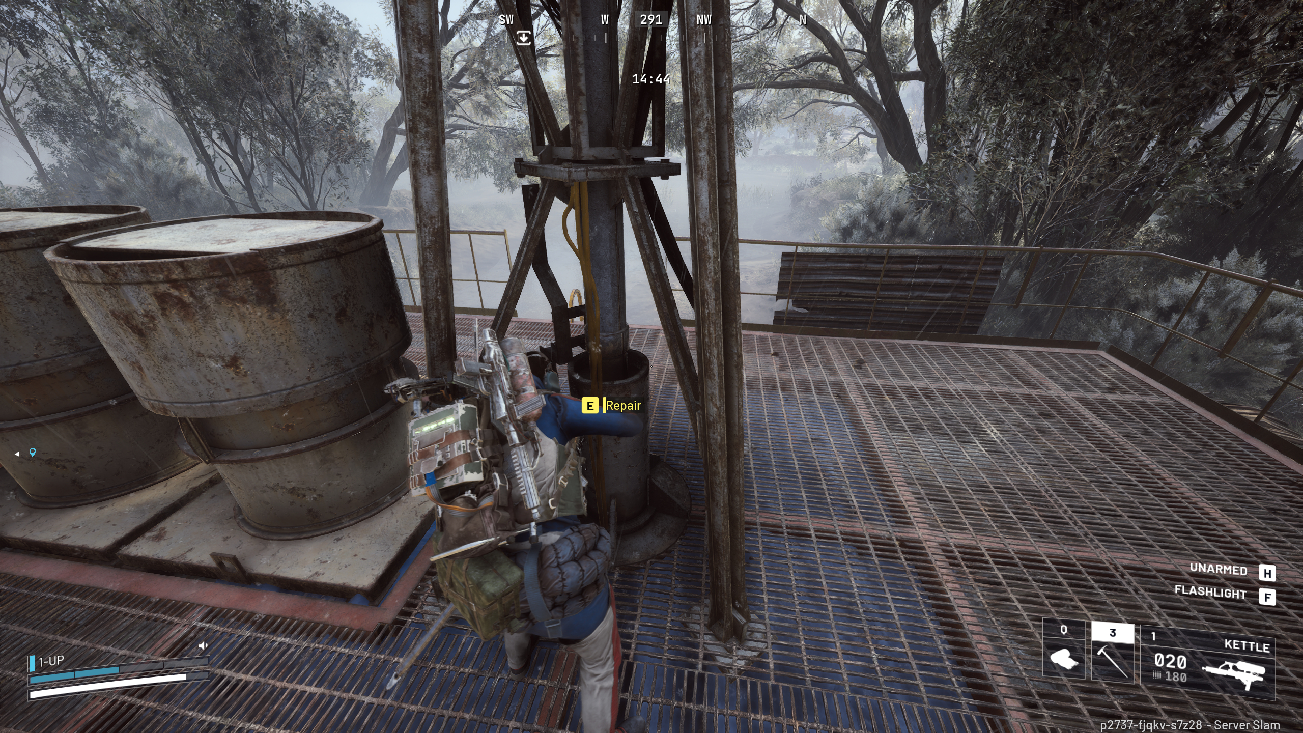 Arc Raiders Field Depot locations: A player repairing the radar dish on top of a Field Depot.