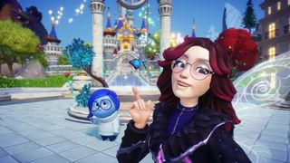 Player and Sadness in front of the Dream Castle in Disney Dreamlight Valley