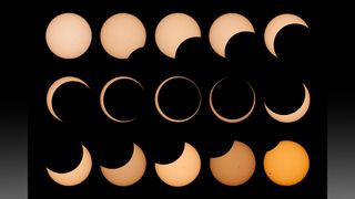 A collage of images of solar eclipses.