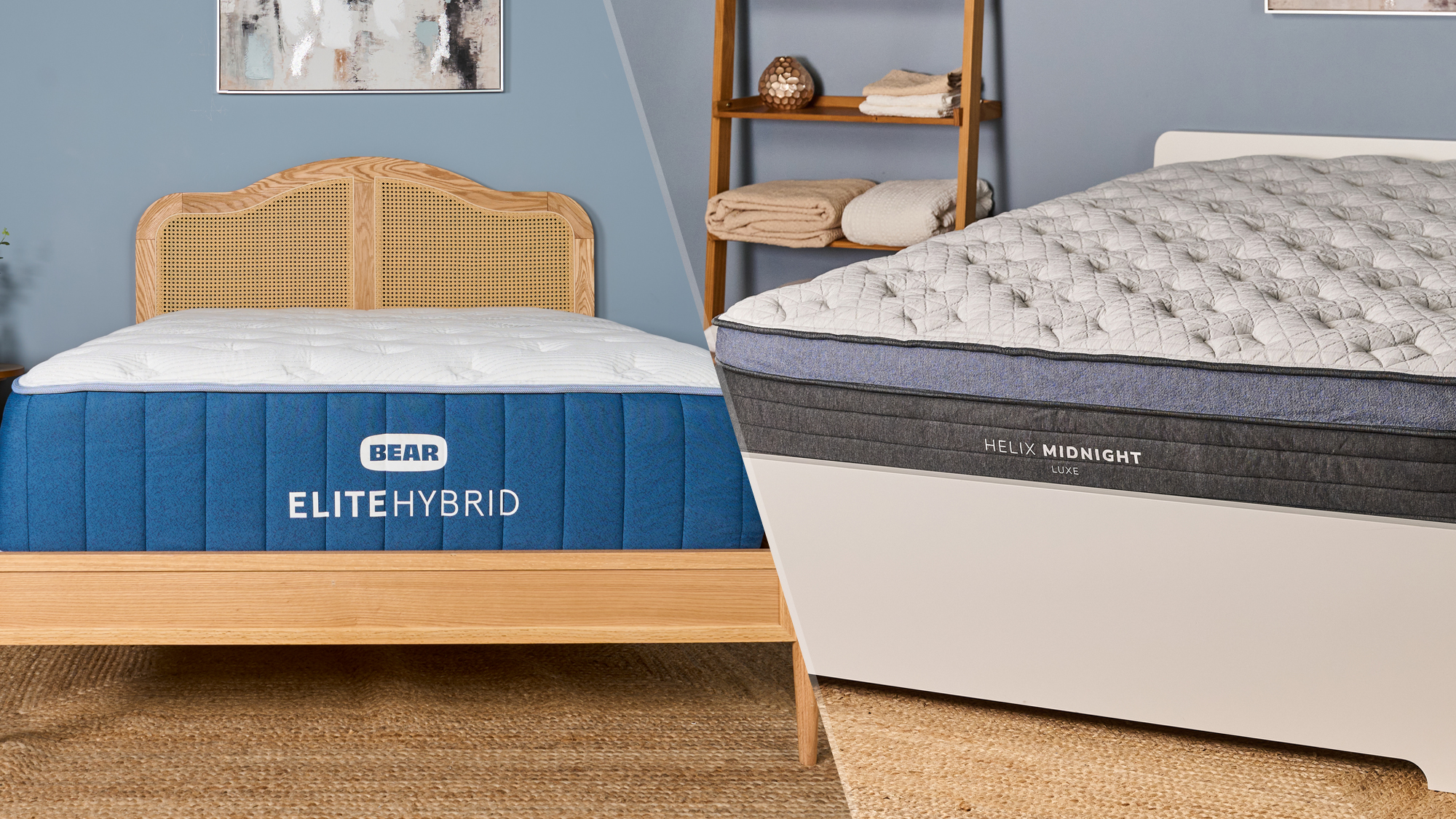 On the left, the Bear Elite Hybrid Mattress on a bed frame in our Sleep Studio. On the right, the Helix Midnight Luxe mattress on a bed frame in our Sleep Studio