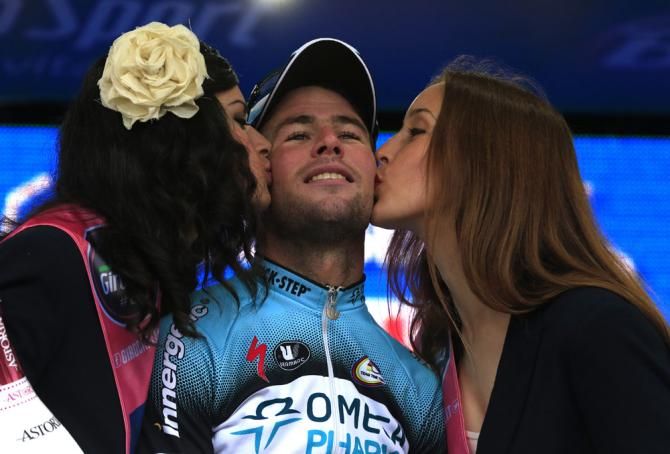 Mark Cavendish (Omega Pharma-QuickStep) on the podium in Treviso after his third stage victory of the 2013 Giro