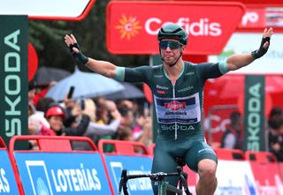 SANTANDER SPAIN SEPTEMBER 04 Kaden Groves of Australia and Team Alpecin Deceuninck Green Points Jersey celebrates at finish line as stage winner during the La Vuelta 79th Tour of Spain 2024 Stage 17 a 1415km stage Arnuero to Santander UCIWT on September 04 2024 in Santander Spain Photo by Tim de WaeleGetty Images