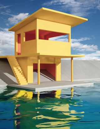 Bright Yellow House on Water, 2018, by James Casebere