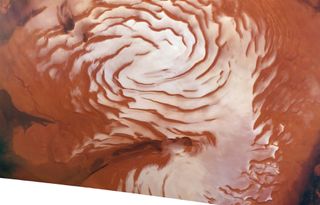 The north polar ice cap of Mars is seen in this mosaic view, which scientists made by combining data from the European Mars Express spacecraft and NASA's Mars Reconnaissance Orbiter. The spiral features help scientists understand how ice ages on Mars work