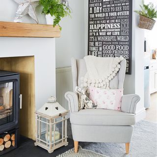 coastal cottage fireplace with armchair