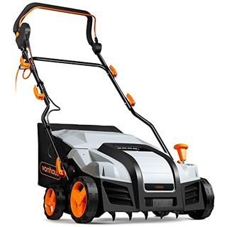 Vonhaus Lawn Scarifier, Grass Rake, Aerator 1800w – Electric, 10m Cable, 55l Collection Box, 5 Depth Settings, 38cm Working Width, 2 Interchangeable Rollers, Folding Design – 2 Year Warranty