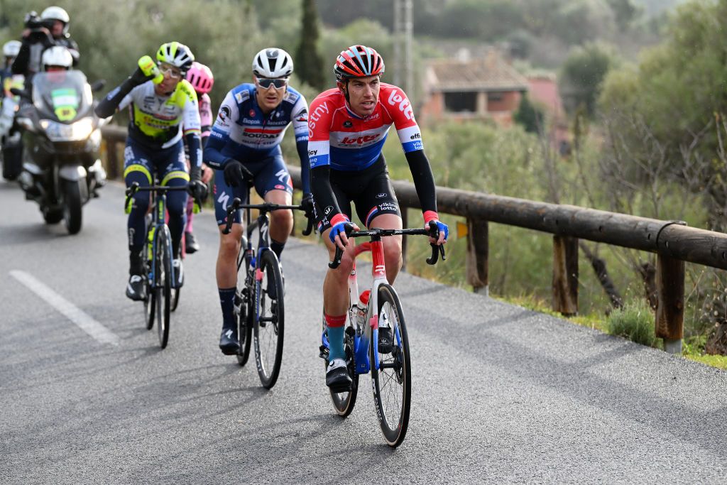 PALMANOVA SPAIN JANUARY 25 LR Louis Vervaeke of Belgium and Team SoudalQuick Step and Pascal Eenkhoorn of The Netherlands and Team LottoDstny compete in the breakaway during the 32nd Challenge Ciclista Mallorca 2023 Trofeo Calvia a 1501km one day race from Palmanova to Palmanova TrofeuCalvi ChallengeMallorca on January 25 2023 in Palmanova Spain Photo by Dario BelingheriGetty Images