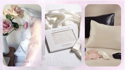 Three images of the best silk pillowcases from Only Curls, The White Company, and Scooms