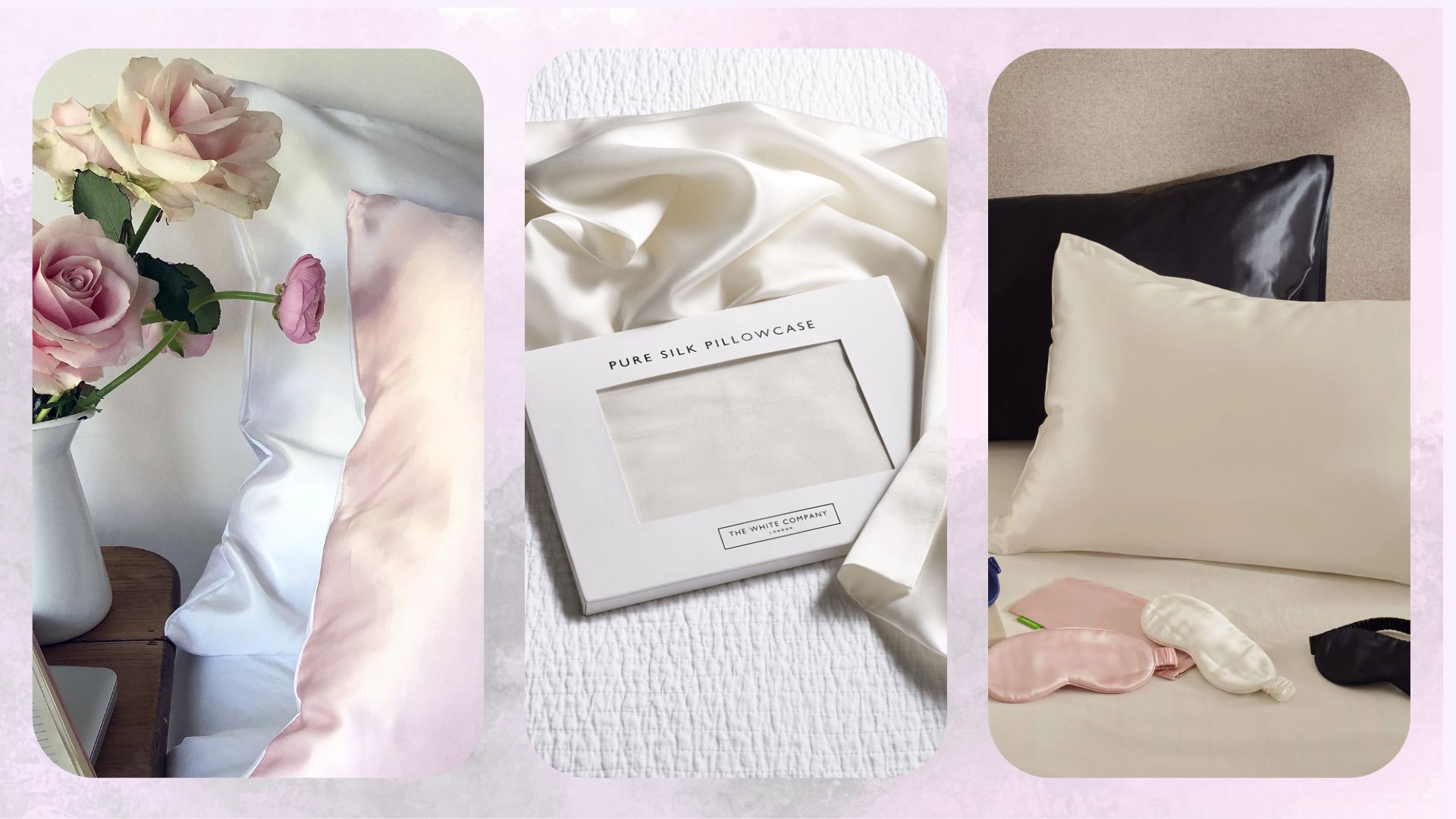 Three images of the best silk pillowcases from Only Curls, The White Company, and Scooms