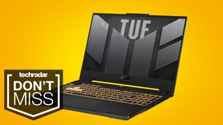 ASUS TUF F15 Gaming Laptop on yellow background with Don't Miss text