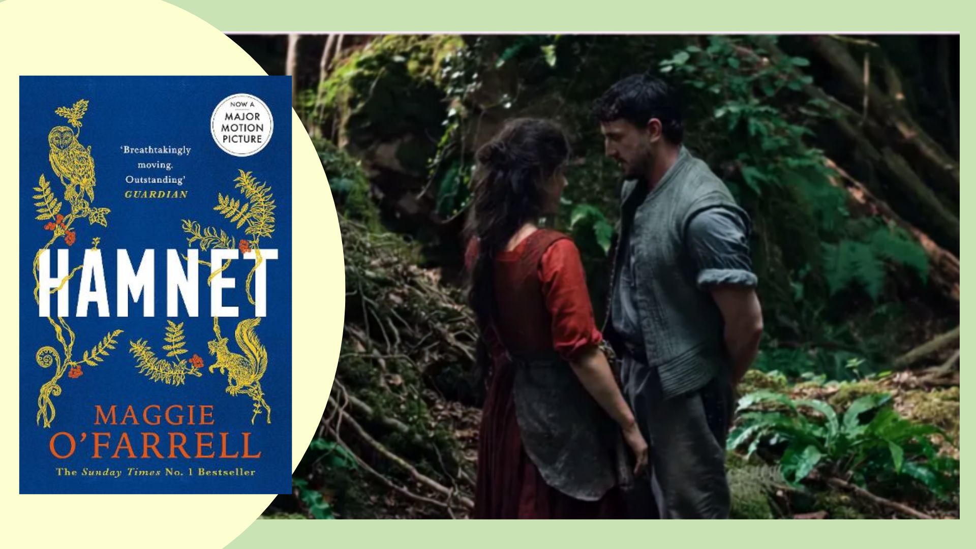 A screengrab from the Hamnet screenplay next to the cover for the Hamnet book with a cream circle