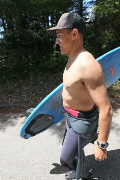 Though way above the ocean on Bonny Doon road, this gent was in booties and wetsuit and ready to surf.