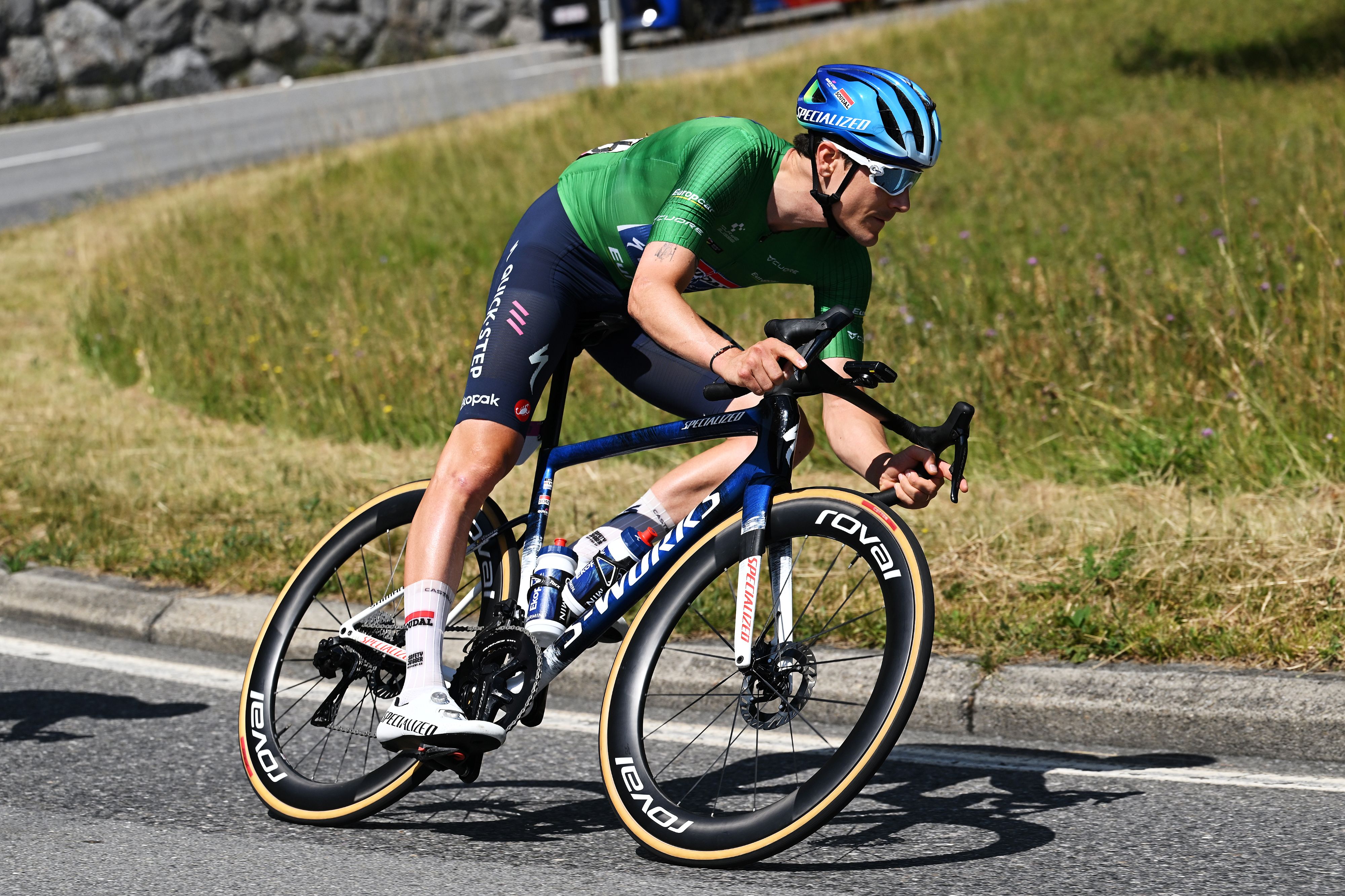 VILLARS-SUR-OLLON, SWITZERLAND - JUNE 21: Louis Vervaeke of Belgium and Team Soudal Quick-Step - Green Mountain Jersey competes during the 89th Tour de Suisse 2026, Stage 5 a 150.7km stage from Villars-sur-Ollon to Villars-sur-Ollon 1249m / #UCIWT / on June 21, 2026 in Villars-sur-Ollon, Switzerland. (Photo by Tim de Waele/Getty Images)