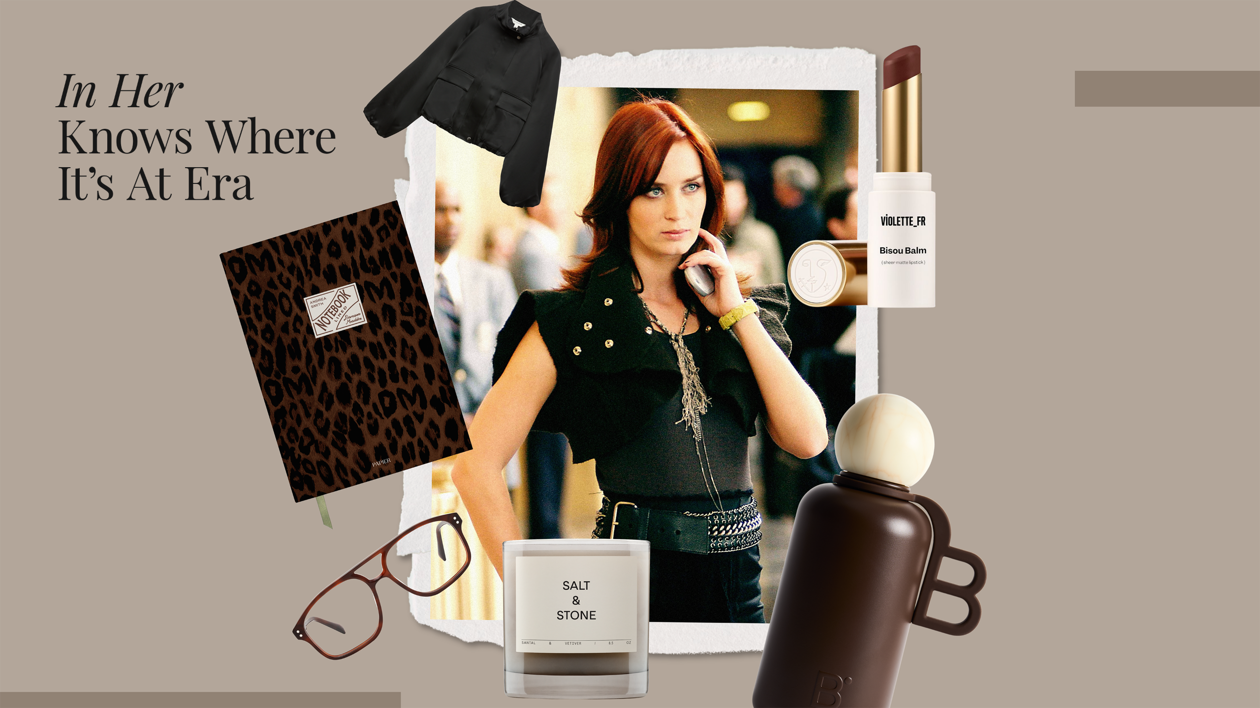 image of Emily Blunt in The Devil Wears Prada with gift guide products around it