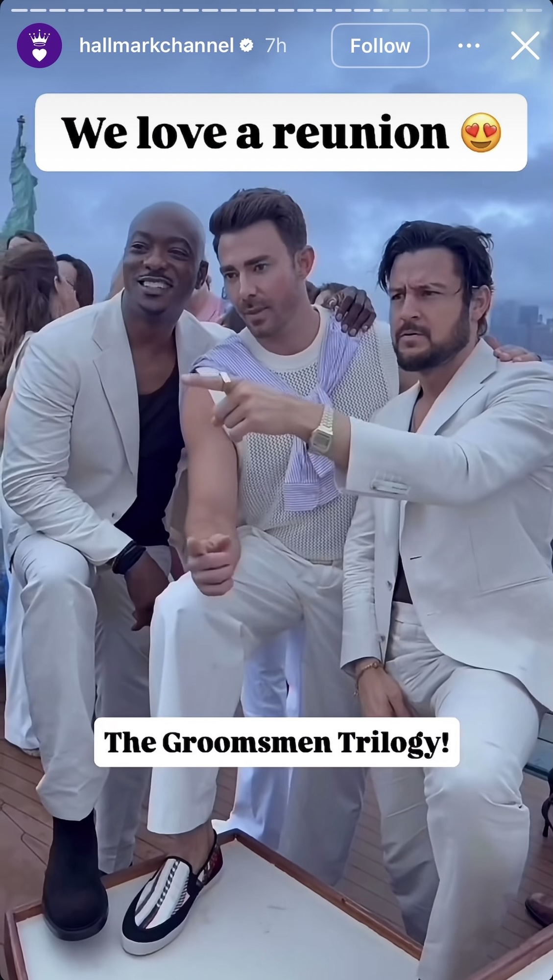Groomsmen stars B.J. Britt, Jonathan Bennett, and Tyler Hynes celebrating Halllmark's 25th birthday together in an Instagram story.