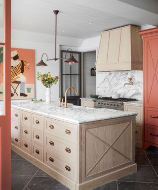Modern rustic kitchen, pink and natural wood cabinetry