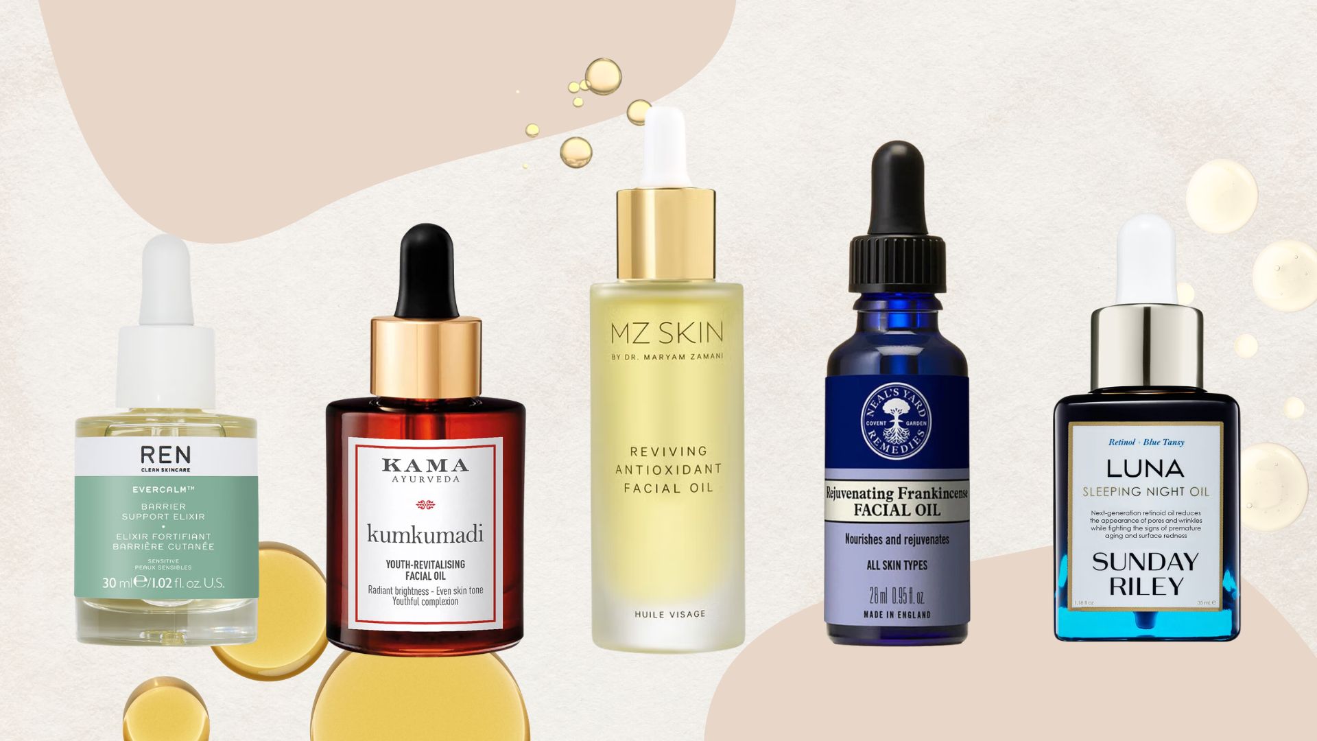 best face oils from REN, Kama Ayurveda, MZ Skin, Neal's Yard Remedies and Sunday Riley on a beige background with oil drop swatches