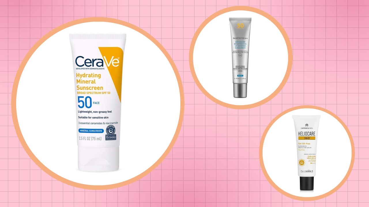 A selection of the best dermatologist-recommended sunscreens featured in this guide from CeraVe, SkinCeuticals, and Heliocare