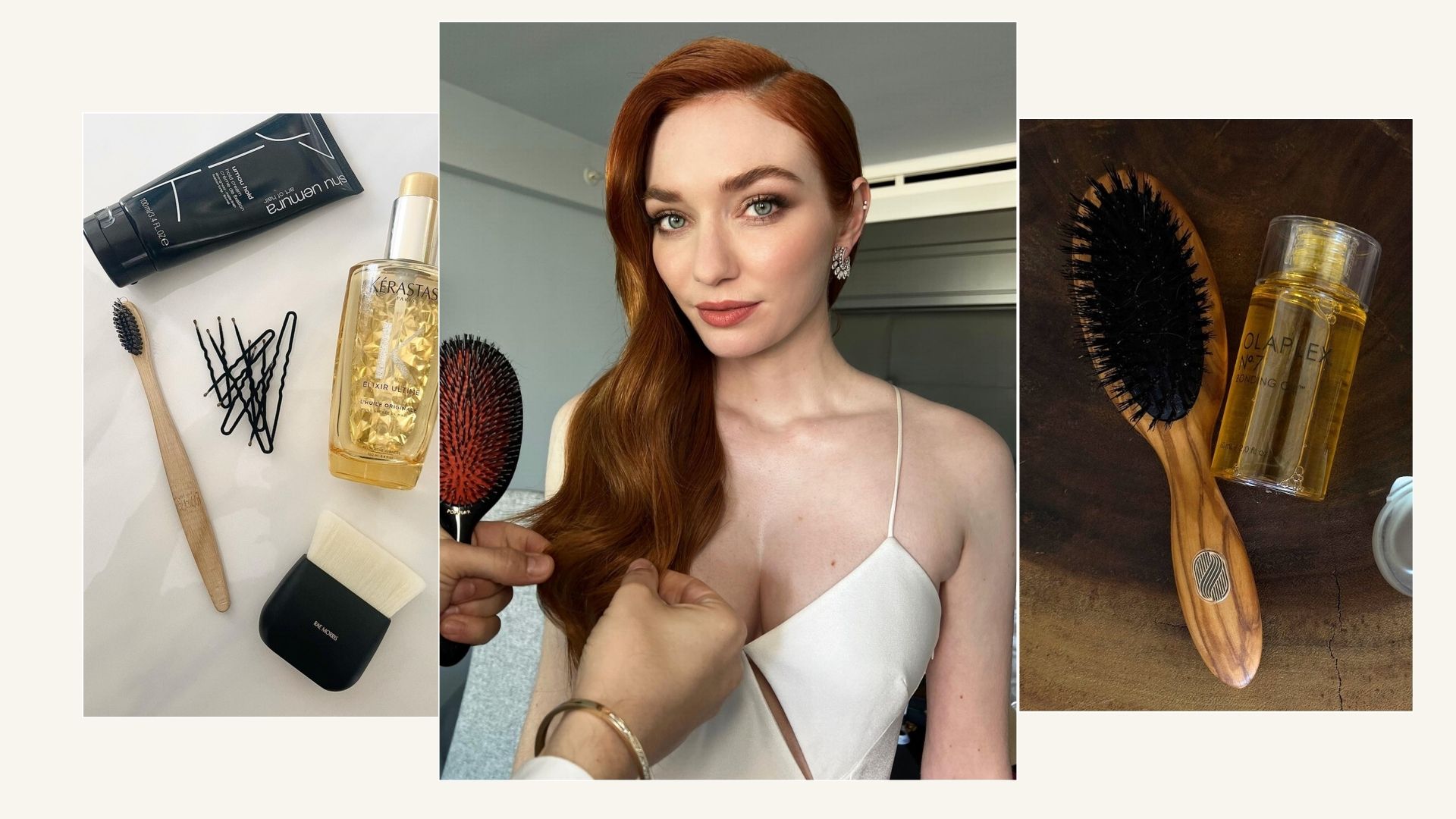 A collage of chic hairbrushes and a celebrity having her hair done by a stylist with a hair brush in hand