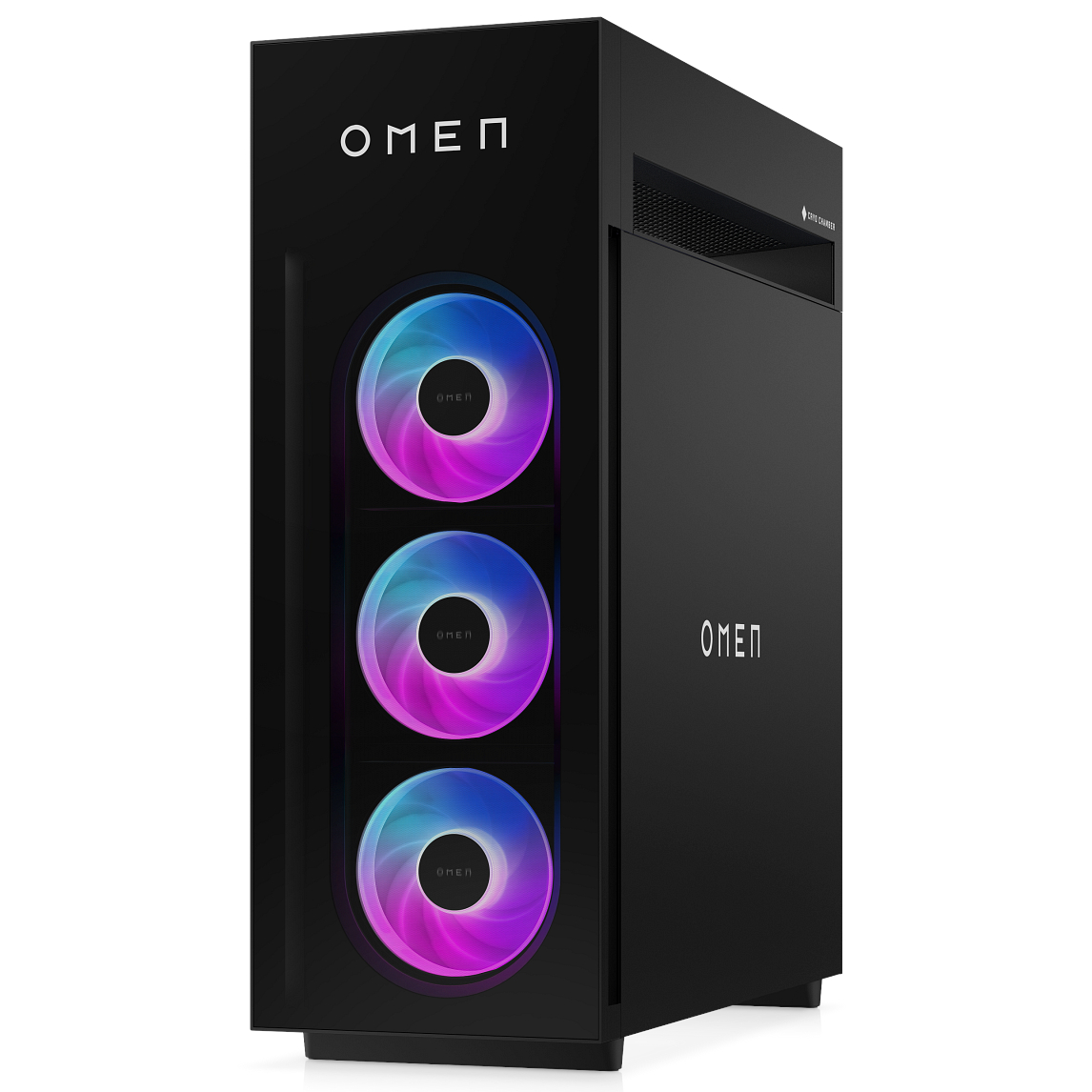Black HP Omen Max 45L desktop gaming PC with RGB fans against a white background.