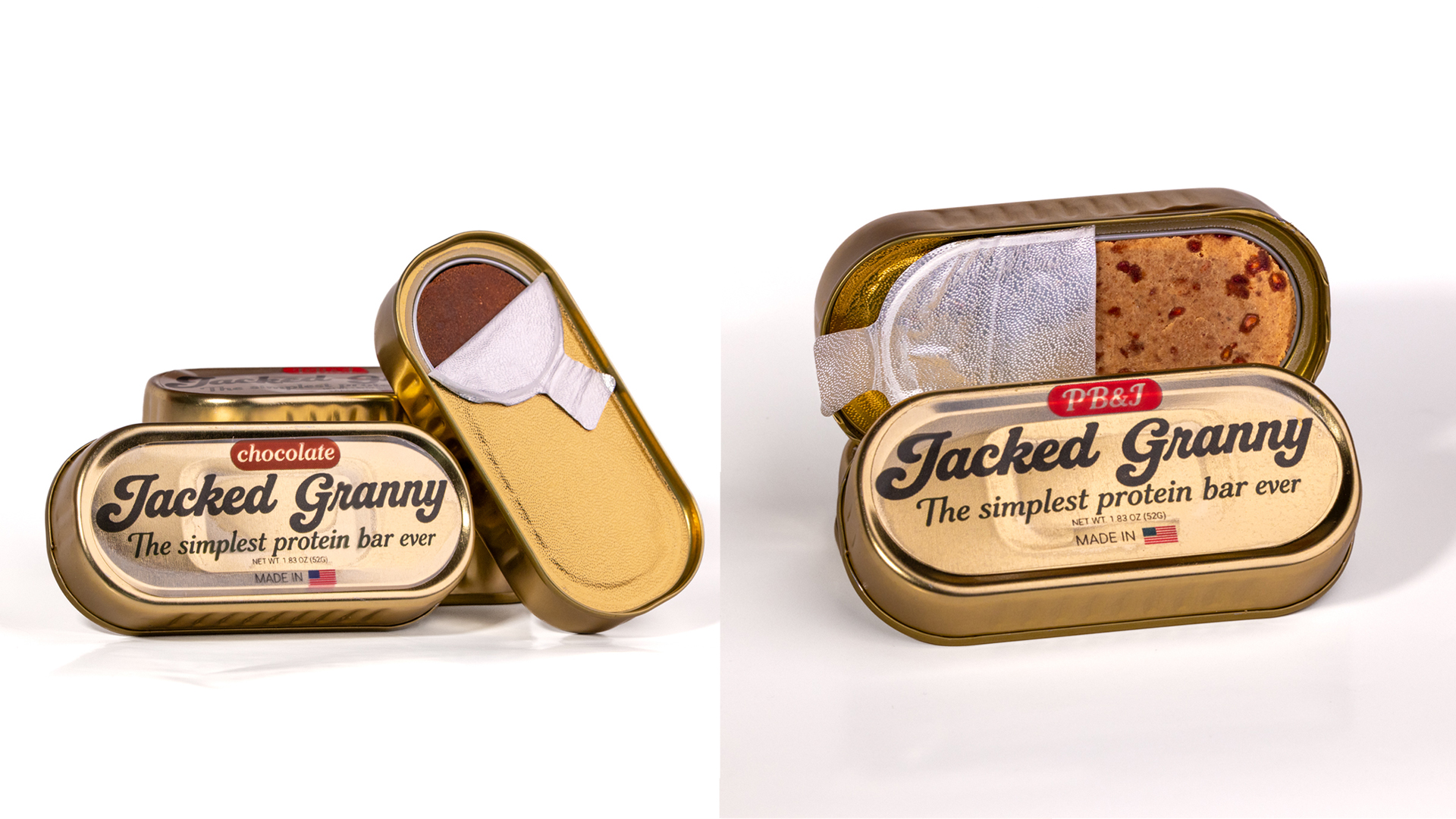 Jacked Granny protein bars in metal containers