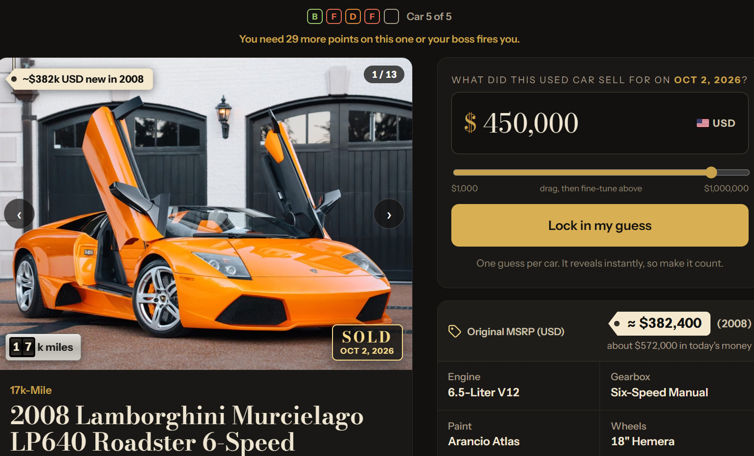 A used sportscar for sale with a field to guess the price