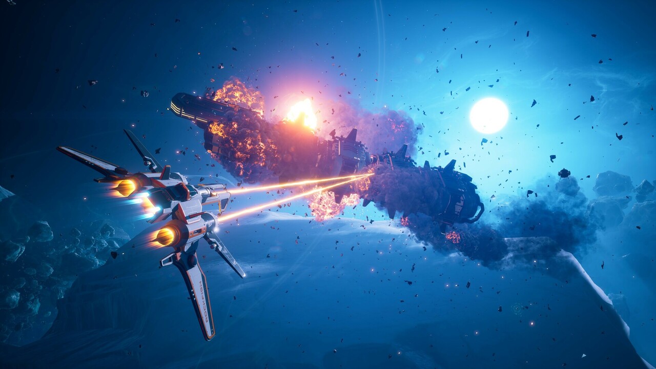 Screenshot from Everspace 2 showing a fighter shooting at a larger ship in an asteroid field.