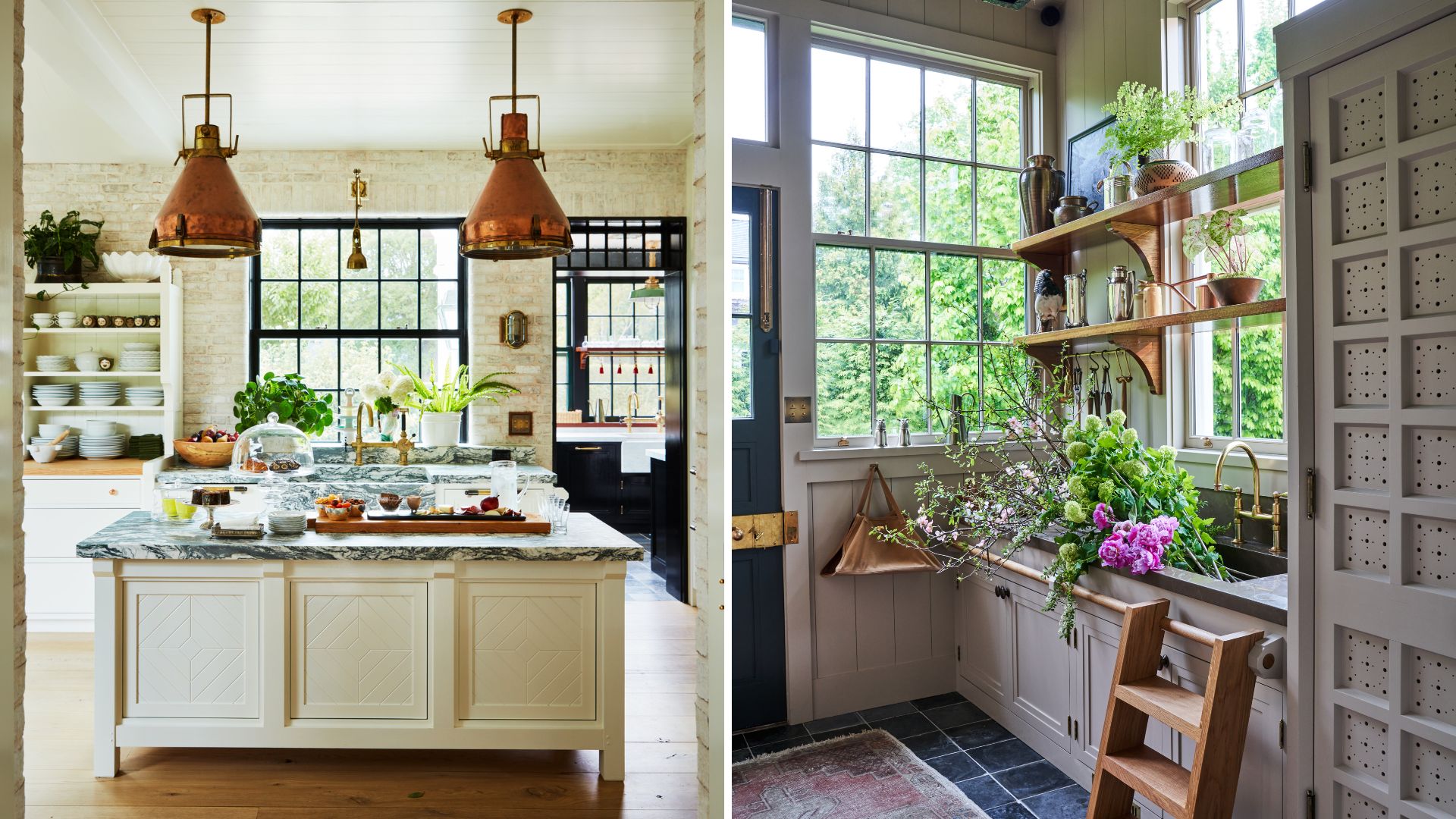 Two images showing Bryan Graybill&#039;s kitchen island on the left with copper pendant lights, and his cutting room on the right, with a sink full of flowers, wooden ladder and cabinetry