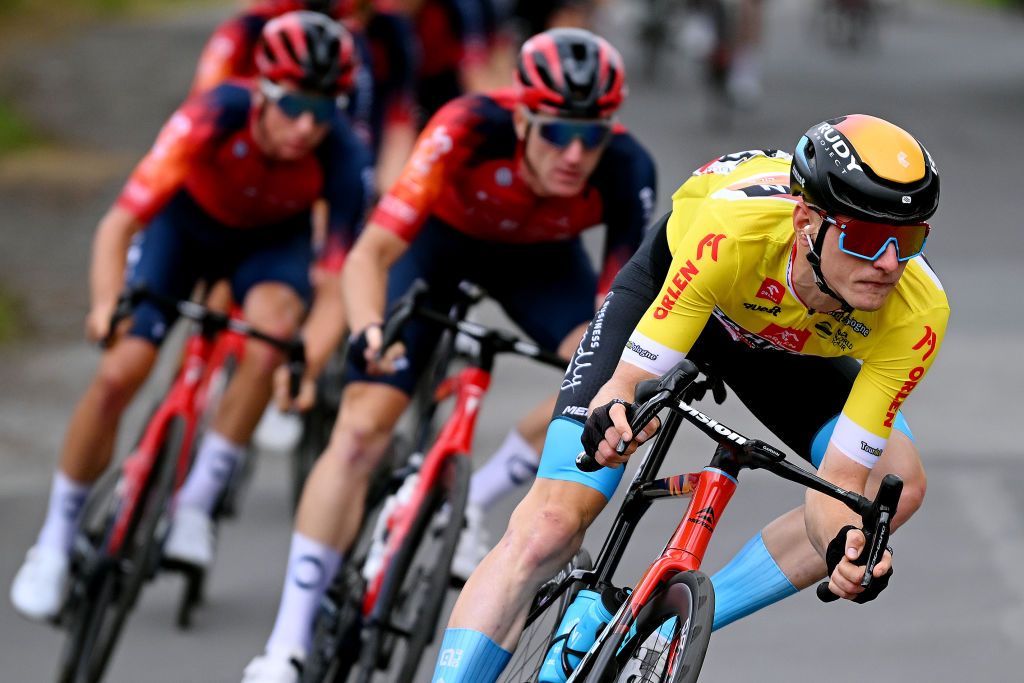 DUSZNIKIZDROJ POLAND JULY 31 Matej Mohori of Slovenia and Team Bahrain Victorious Yellow leader jersey competes during the 80th Tour de Pologne 2023 Stage 3 a 1623km stage from Walbrzych to DusznikiZdroj 668m UCIWT on July 31 2023 in DusznikiZdroj Poland Photo by Dario BelingheriGetty Images