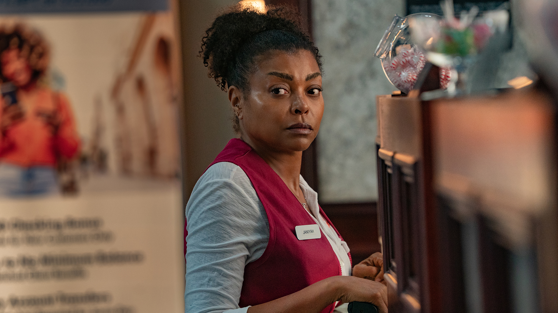 Taraji P Henson's nurse looking at something off-camera in Tyler Perry's Straw