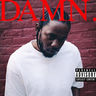 Kendrick Lamar's DAMN. album cover features a photo of the musician and the title in red, Times-style font