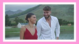 Samie, wearing a red dress and Tom on their final date on Love Island 2023/ in a pink template