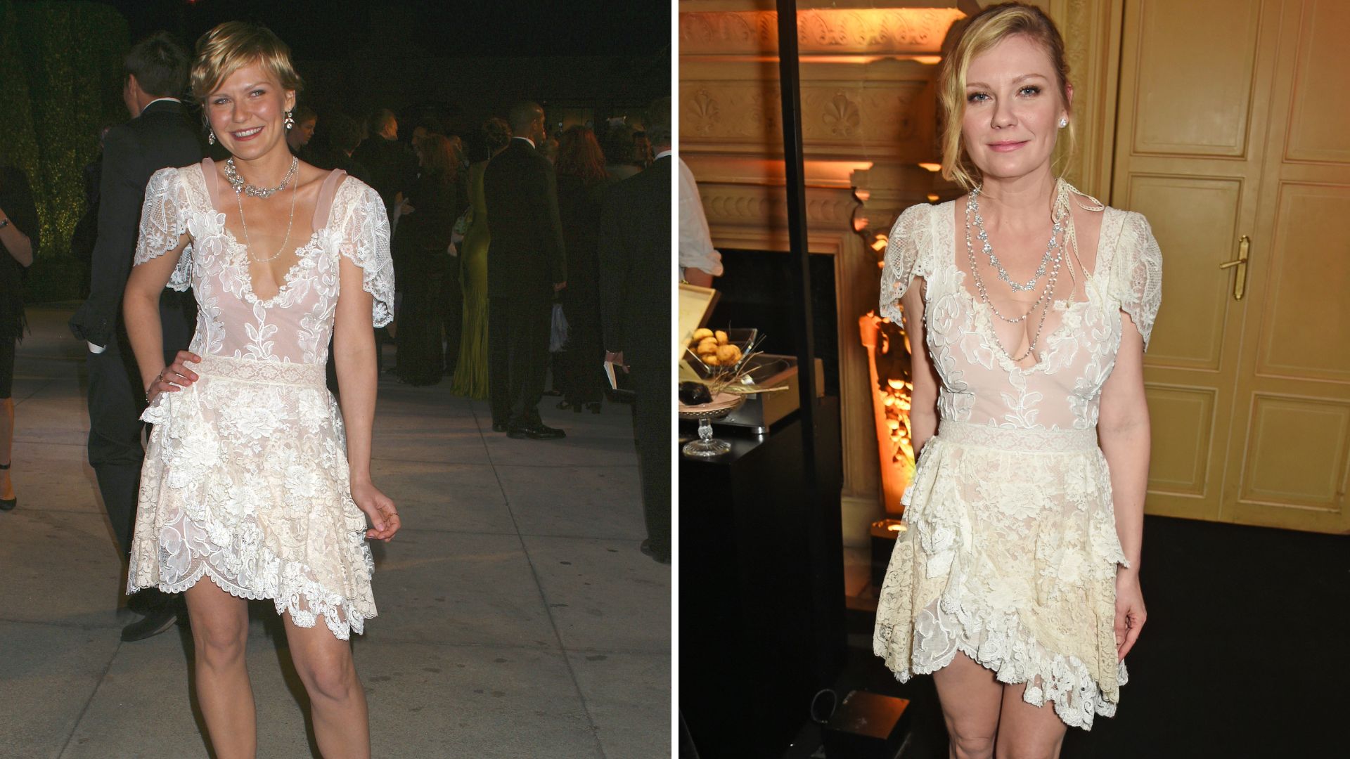 Two photos of Kirsten Dunst wearing the same white dress years apart