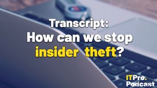 The words 'Transcript: How can we stop insider theft?' with 'insider theft' highlighted in yellow while the other words are white, against a lightly blurred photo of a USB resting on a Mac keyboard