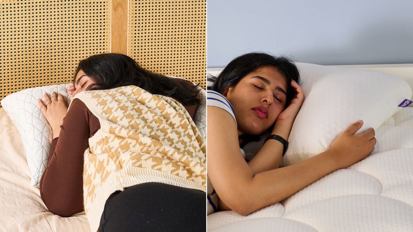 Composite image of a woman lying on the Coop Original Adjustable and Purple GridCloud pillows