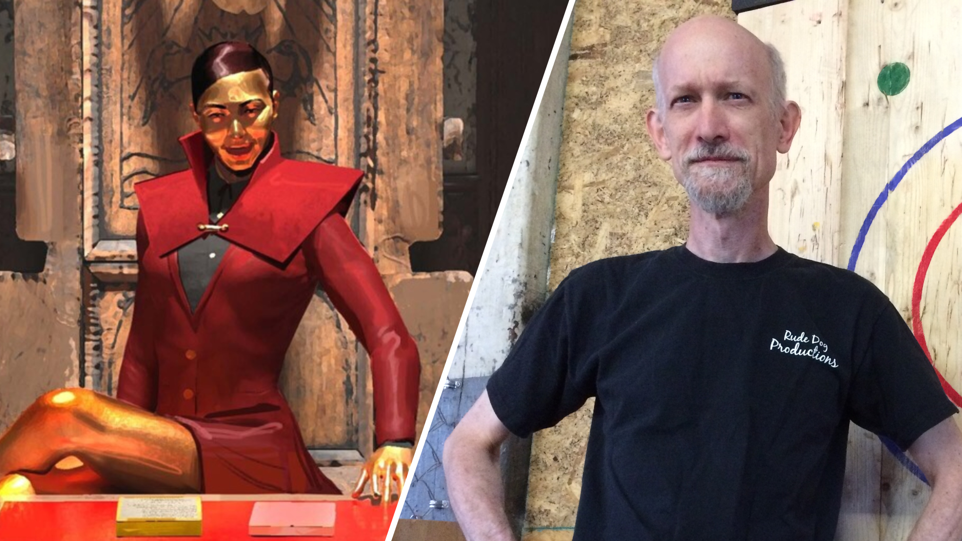 A gold-skinned entity in Thousand Hells; game designer David Dunham.