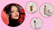Rihanna makeup: Rihanna pictured wearing red lipstick, infront of a rose backdrop alongside Fenty Makeup products/ in a pink and red template