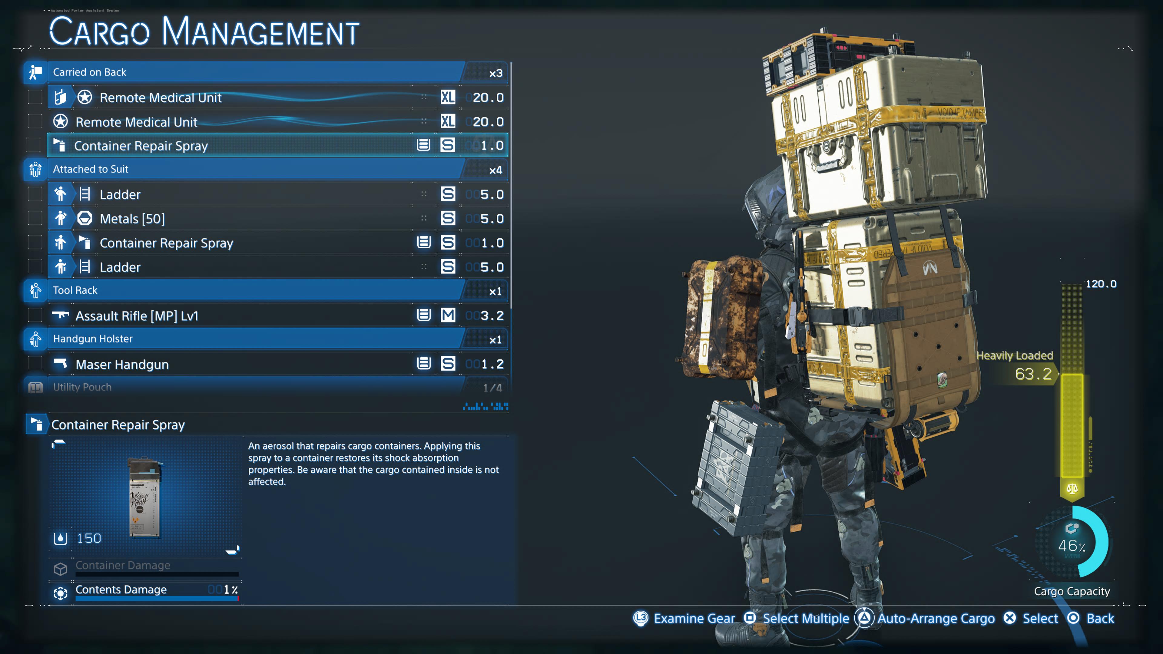 Death Stranding 2 carry capacity: Sam in the cargo management menu with a stack of boxes on his back before auto-sorting them.