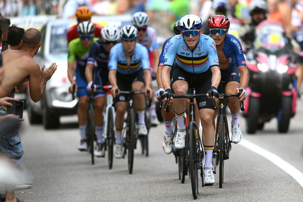 TRENTO ITALY SEPTEMBER 12 Ben Hermans of Belgium and Matteo Trentin of Italy compete in the breakaway during the 27th UEC Road Cycling European Championships 2021 Elite Mens Road Race a 1792km race from TrentoPiazza Duomo to TrentoPiazza Duomo UECcycling on September 12 2021 in Trento Italy Photo by Justin SetterfieldGetty Images