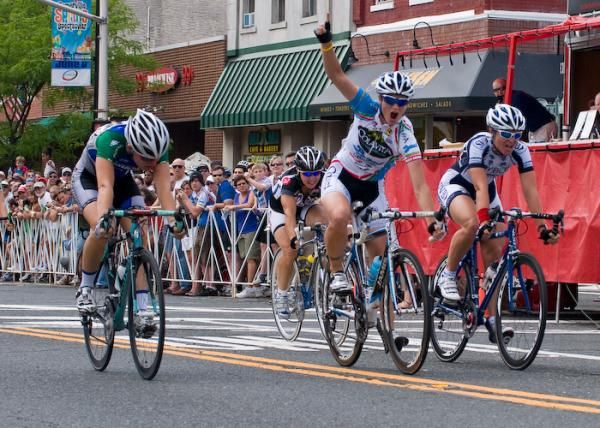 Colavita's control paid off for Theresa Cliff-Ryan as she wins the 2010 Tour of Somerville. Closer inspection shows that third place rider, Megan Guarnier (Team TIBCO) sprinted in her small chain ring.