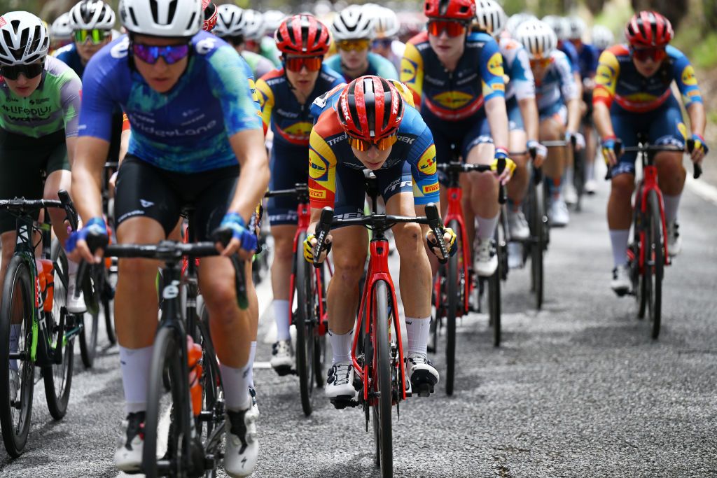 Brodie Chapman (Lidl-Trek) staying aerodynamic in the field