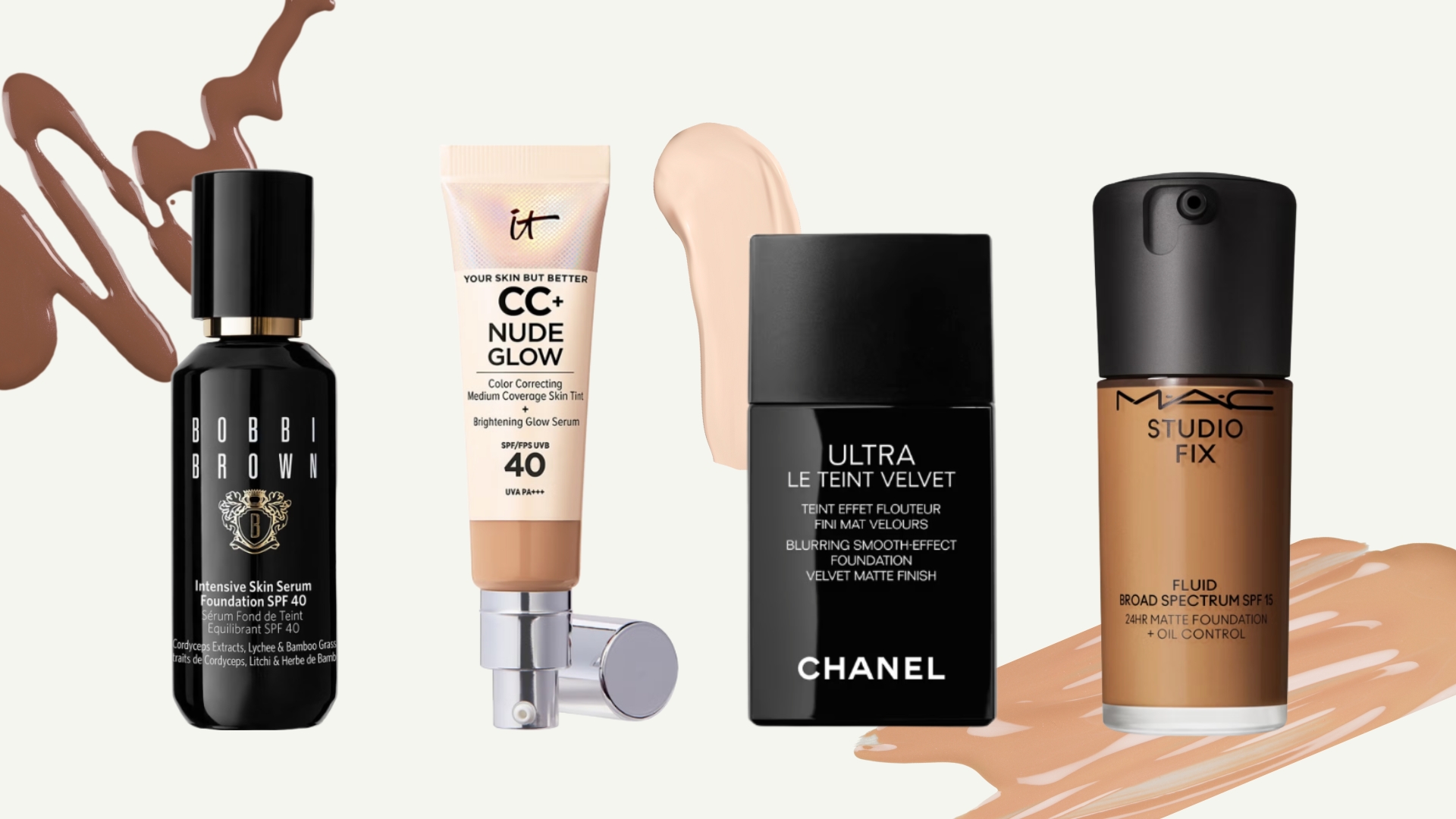 A collage featuring some of the best foundations with SPF from this guide, including formulas from Bobbi Brown, IT Cosmetics, Chanel and MAC, arranged in a line on a cream background with various foundation swatches.