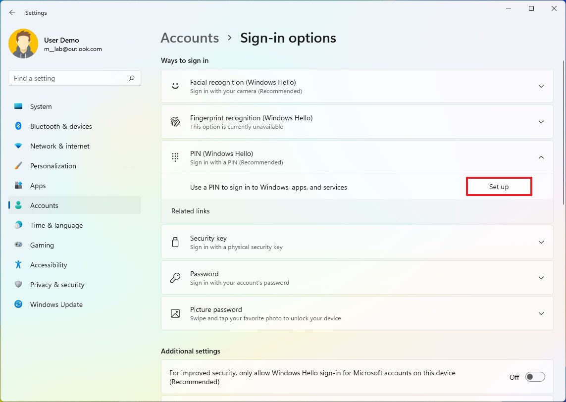 Windows 11 PIN set up option