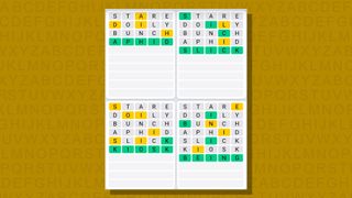 Quordle daily sequence answers for game 670 on a yellow background