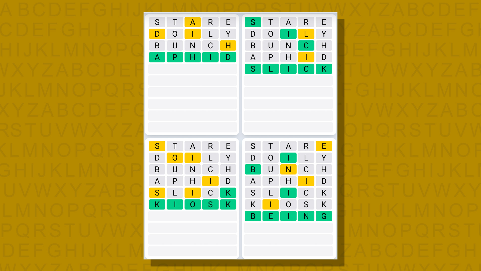 Quordle daily sequence answers for game 670 on yellow background