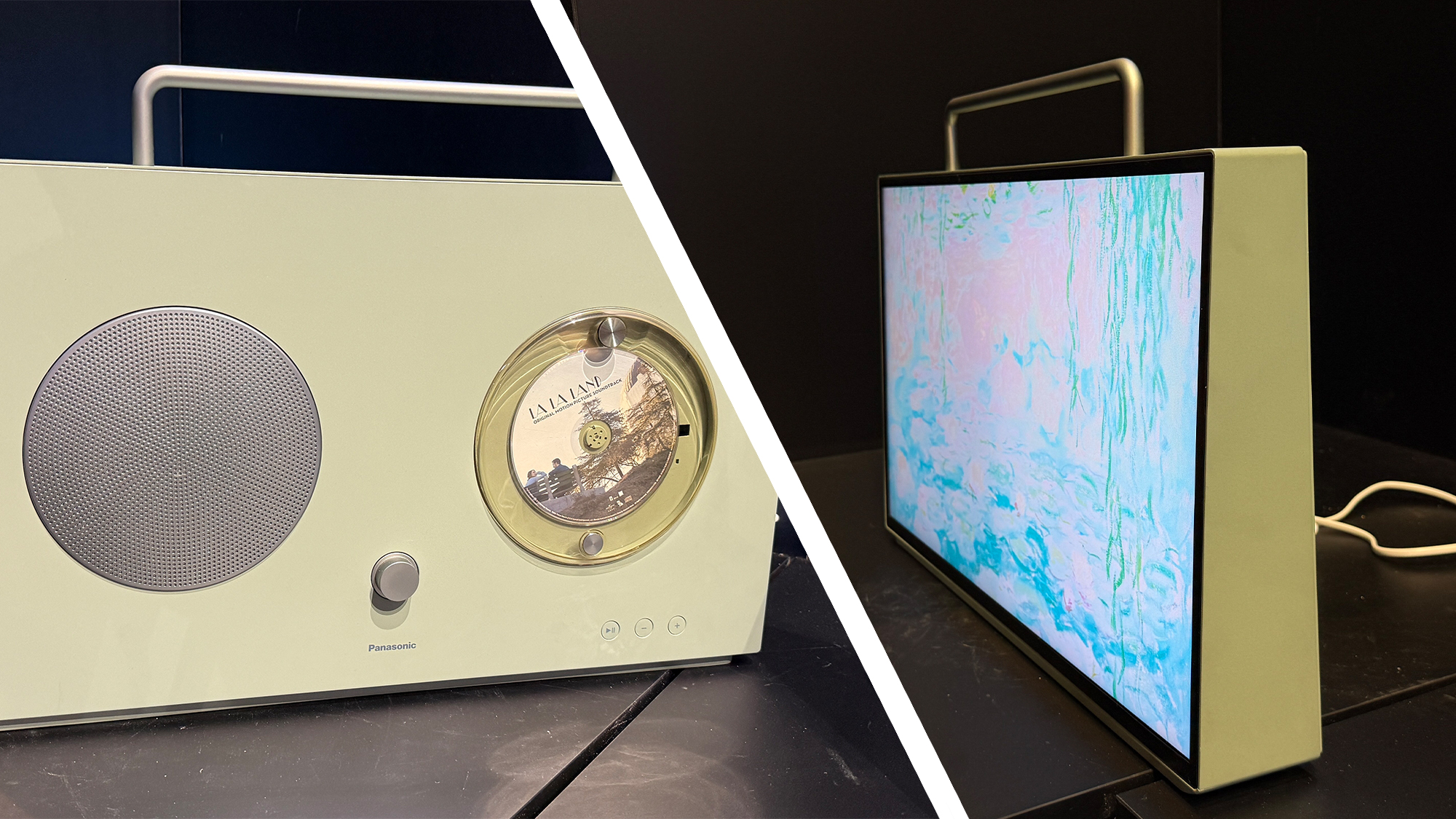 Panasonic portable TV concept showing the boombox on the rear and front screen at an angle