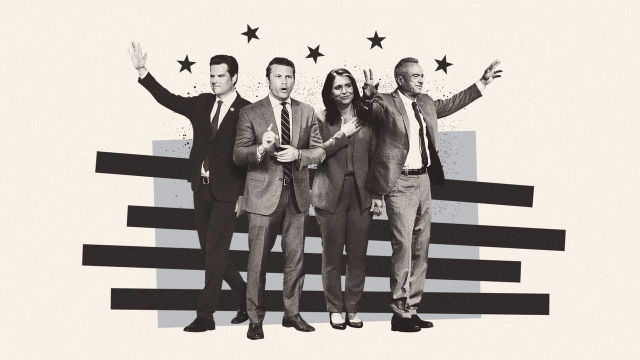 Illustration of Matt Gaetz, Pete Hegseth, Tulsi Gabbard and Robert F. Kennedy Jr.