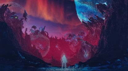 A screenshot from the Starfield: Shattered Space trailer, overlooking a strange planet structure with a red aurora in the background.